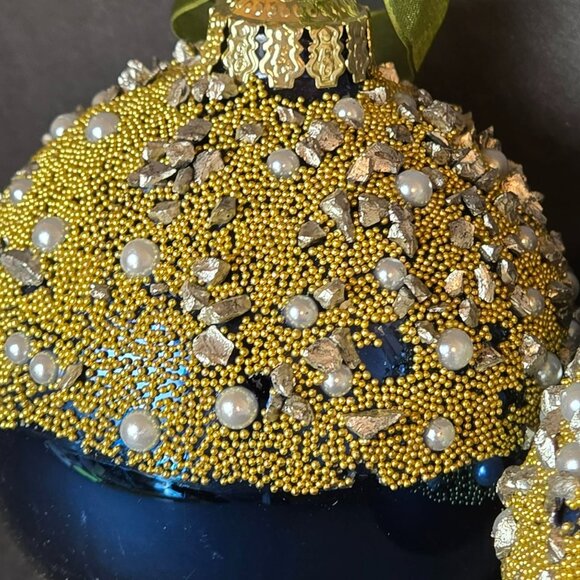 Frontgate Royal Blue Gold Beaded Pearl Glass Ornaments Set Of 2 Luxury 4 Inch - Picture 3 of 10